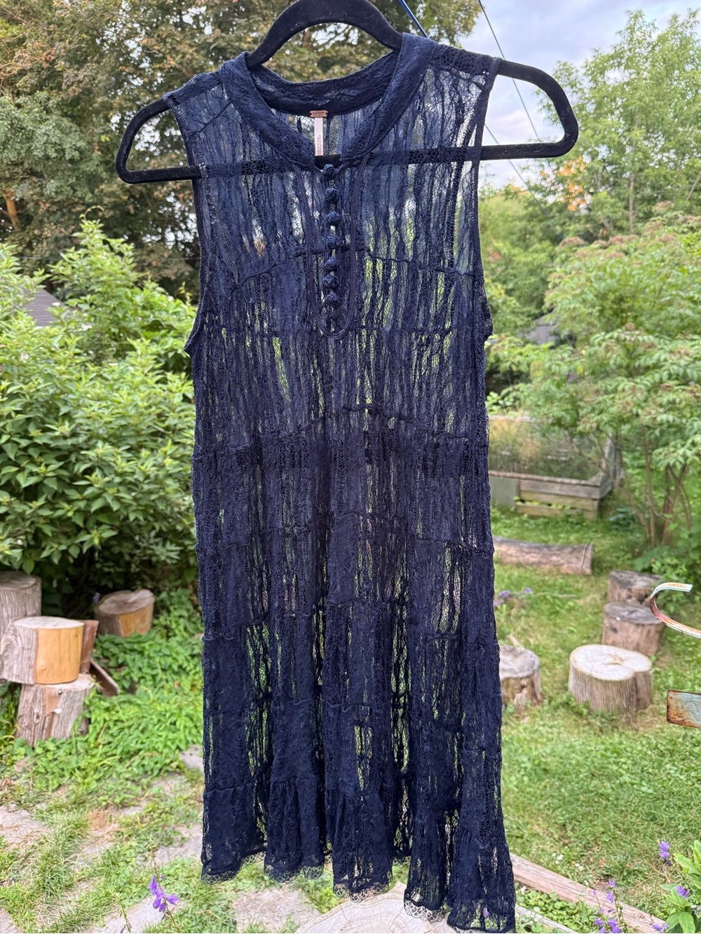 Free People Navy Blue Sheer Lace Swing Mini Dress - Size Small